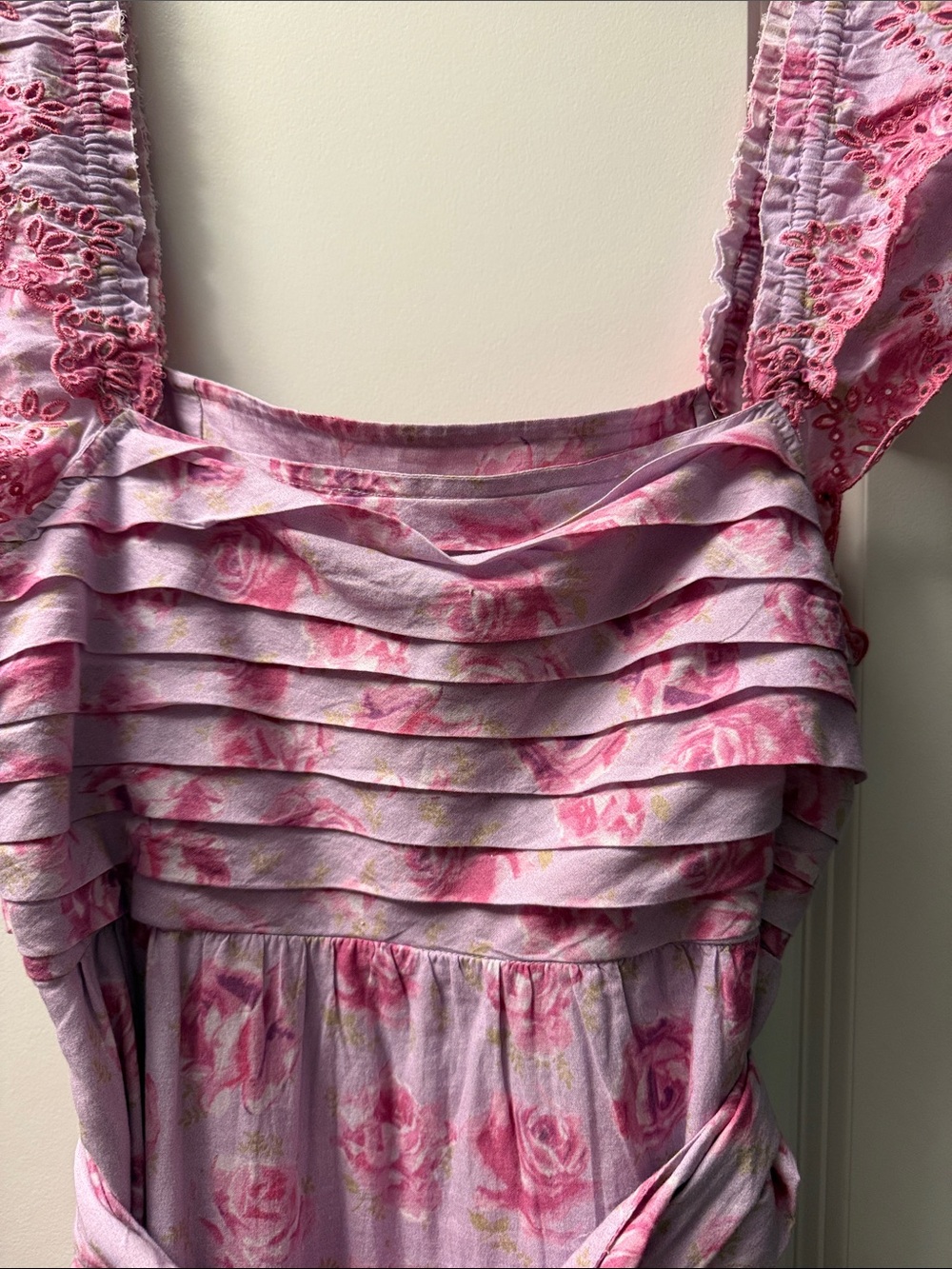 LoveShackFancy Pink Floral Ruffle-Shoulder Midi Dress - Picture 2 of 8